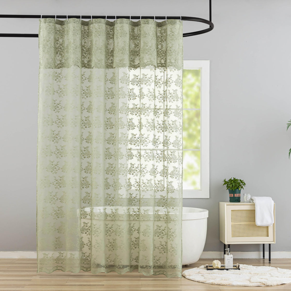 Ivory Lace Shower Curtain 72x72, Vintage Shabby Chic with Attached Valance