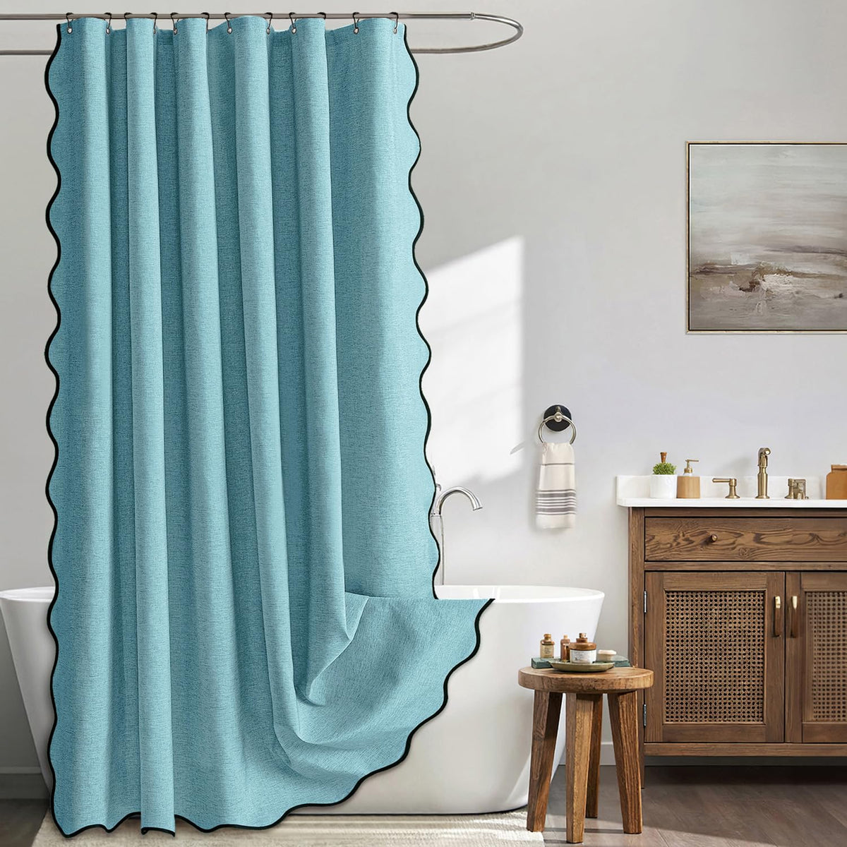 MIULEE 72"x84" Extra Long Scalloped Linen Shower Curtain Cream Beige