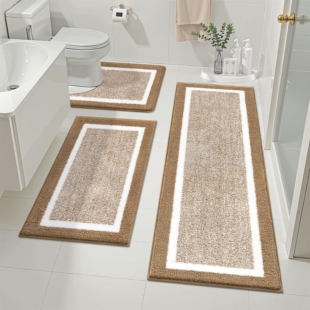 Pauwer Bathroom Rugs 3 Piece Set, Non Slip Washable Bath Mat, Dark Grey