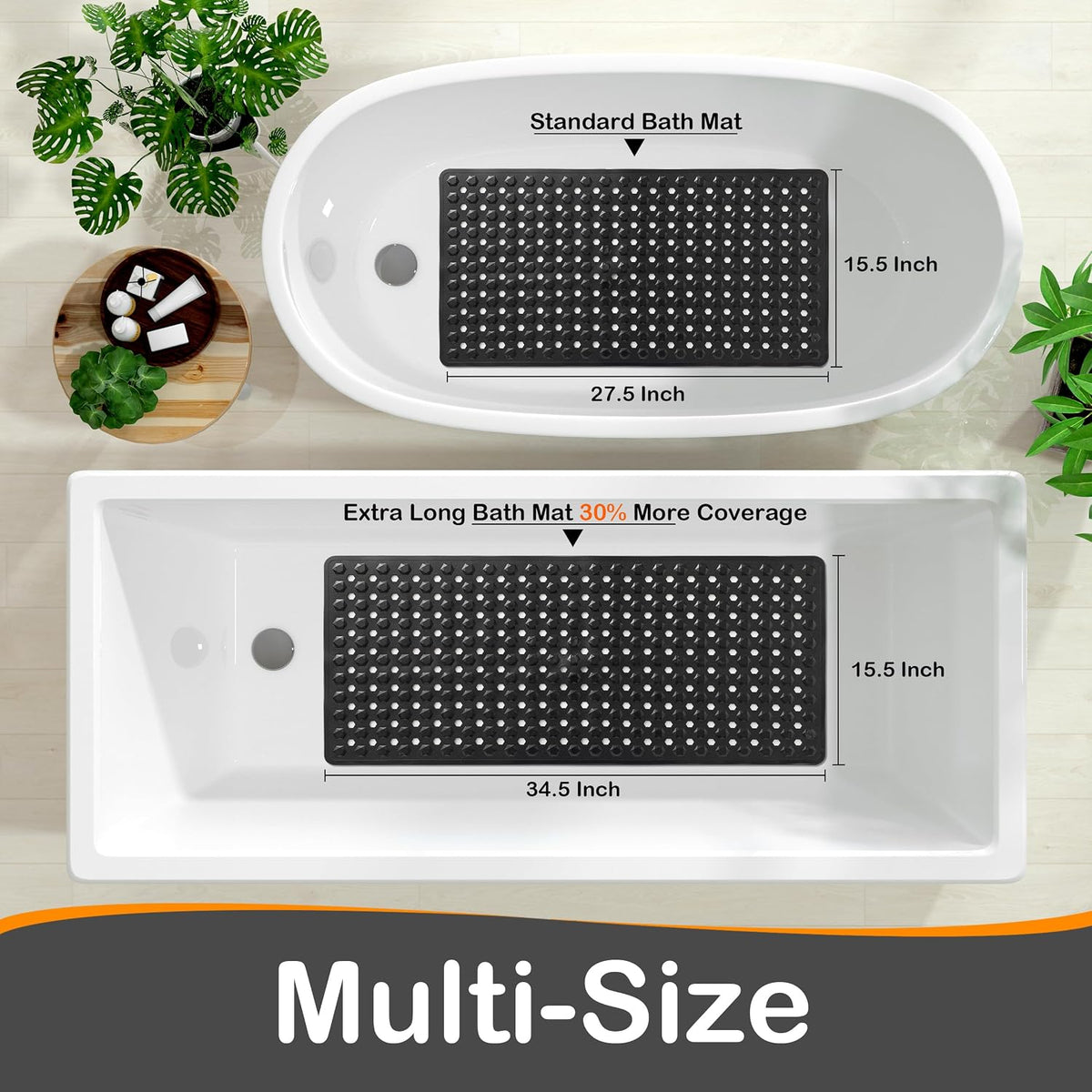 Yimobra Bathtub Mat Non Slip, 34.5"X15.5" Long Shower Mat for Inside Shower, Machine Washable Bath Mat with Drain Holes & Strong Suction Cups, Soft on Feet, Bathroom Essentials, Black