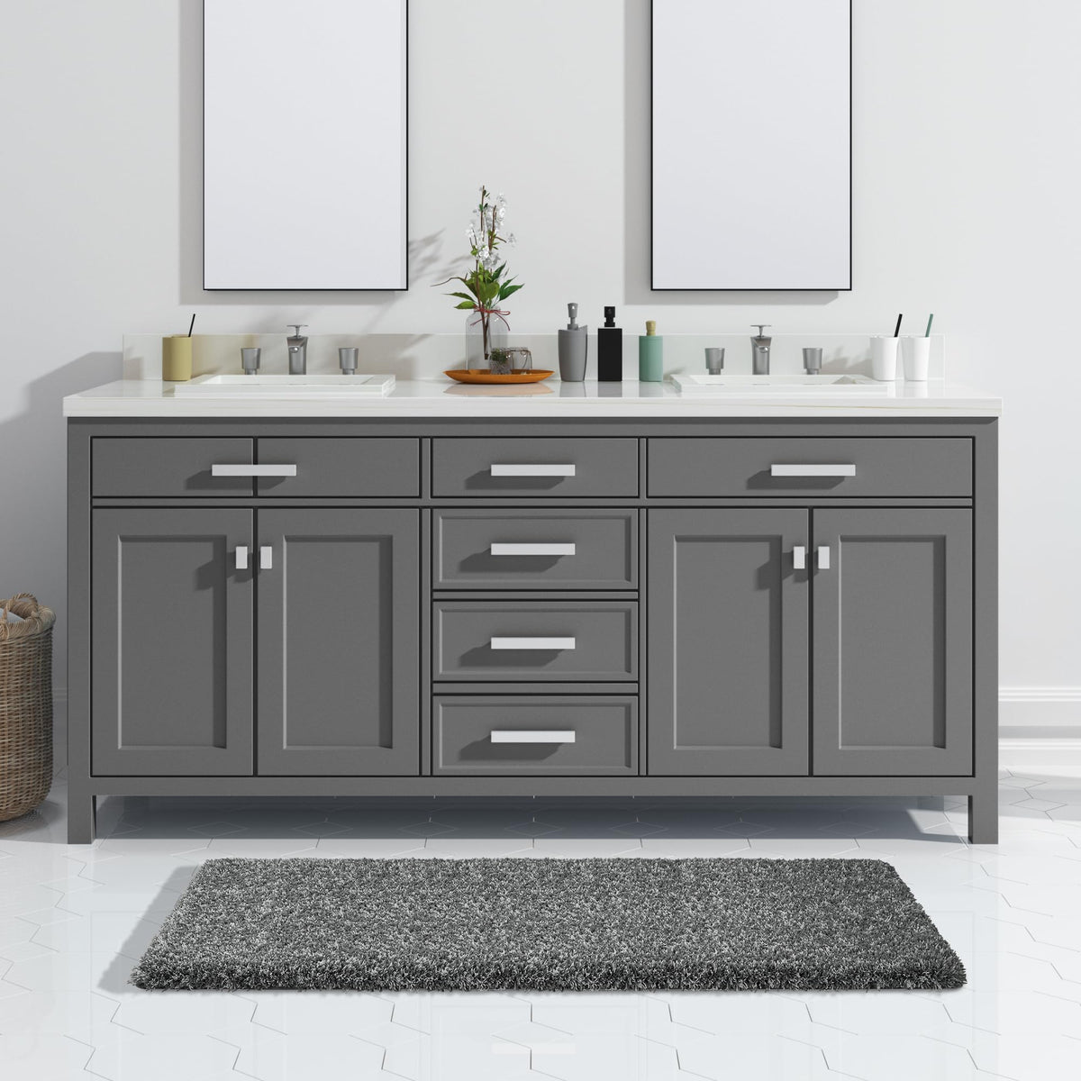 Yimobra Bathroom Rugs Non Slip Washable, Ultra Soft and Water Absorbent Bath Mats, Fluffy Shower Mat Outside, Plush Matts for Bathroom Floor/Sink, 24X17, Home Decor Accessories, Light Gray and White