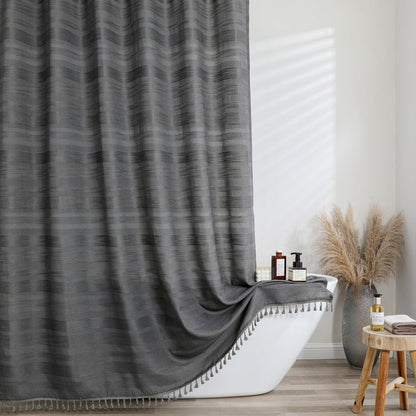 OVZME Natural Linen Shower Curtain for Bathroom, Boho Farmhouse Rustic Striped Shower Curtain with Tassel, Textured Heavy Duty Vintage Country Bathroom Curtain, 72Wx72L Inches