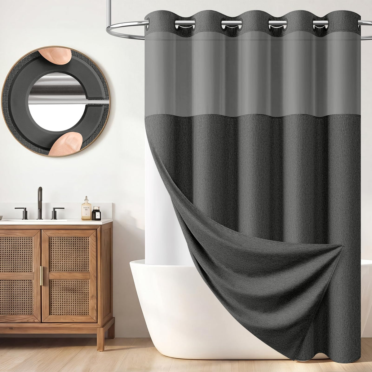 BTTN Cream Ringless Linen Textured Shower Curtain with Snap in Liner, 72x75