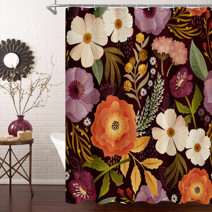 Boho Floral Shower Curtain, Vintage Botanical Fabric Curtain, 72 x 72