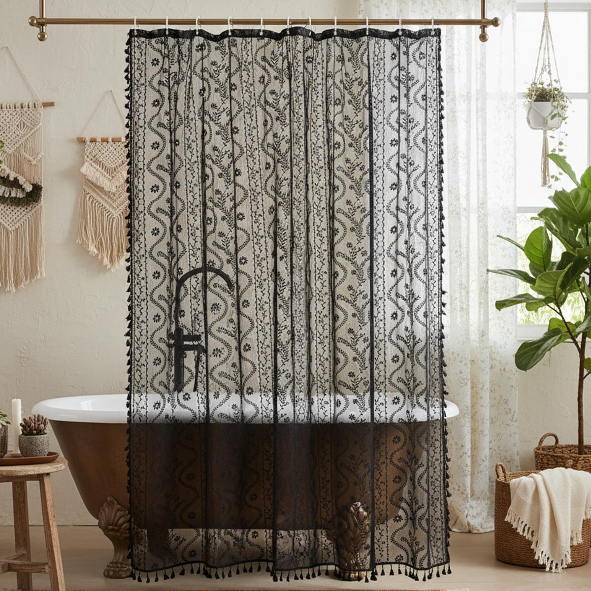 WAZZIO Dark Sage Green Lace Shower Curtain for Bathroom 72" W x 72" L, Victorian Farmhouse Floral Pattern Tassel Fancy Shower Curtain Boho Washable Cloth Decorative Bath Curtains,1 Panel