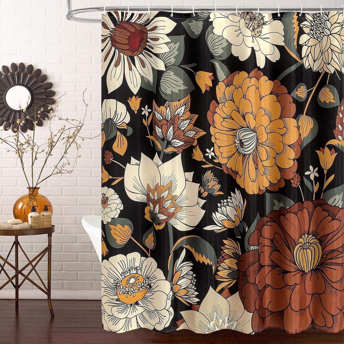 Boho Floral Shower Curtain, Vintage Botanical Fabric Curtain, 72 x 72