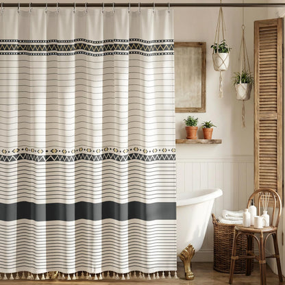 Boho Farmhouse Shower Curtain with 12 Clear Rings, Rustic Fabric Faux Linen Shower Curtain Set with Tassels, Beige & Sega Green Striped Shower Curtain for Bathroom 72" W x 84" L