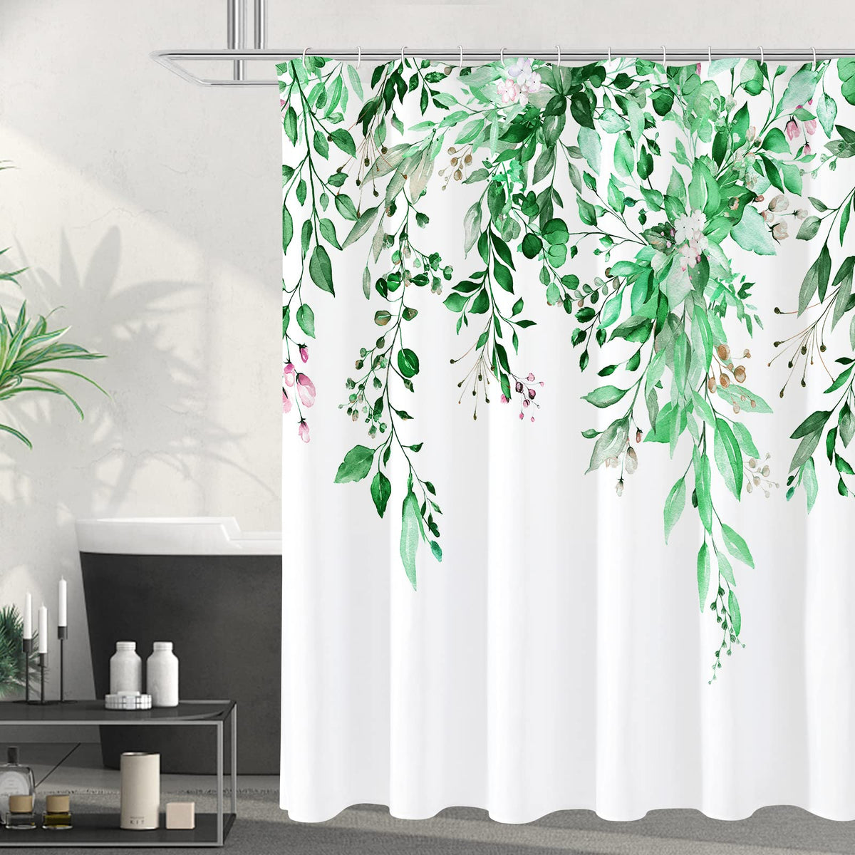 Gibelle Grey Eucalyptus Shower Curtain, Watercolor Floral Print, 72x72