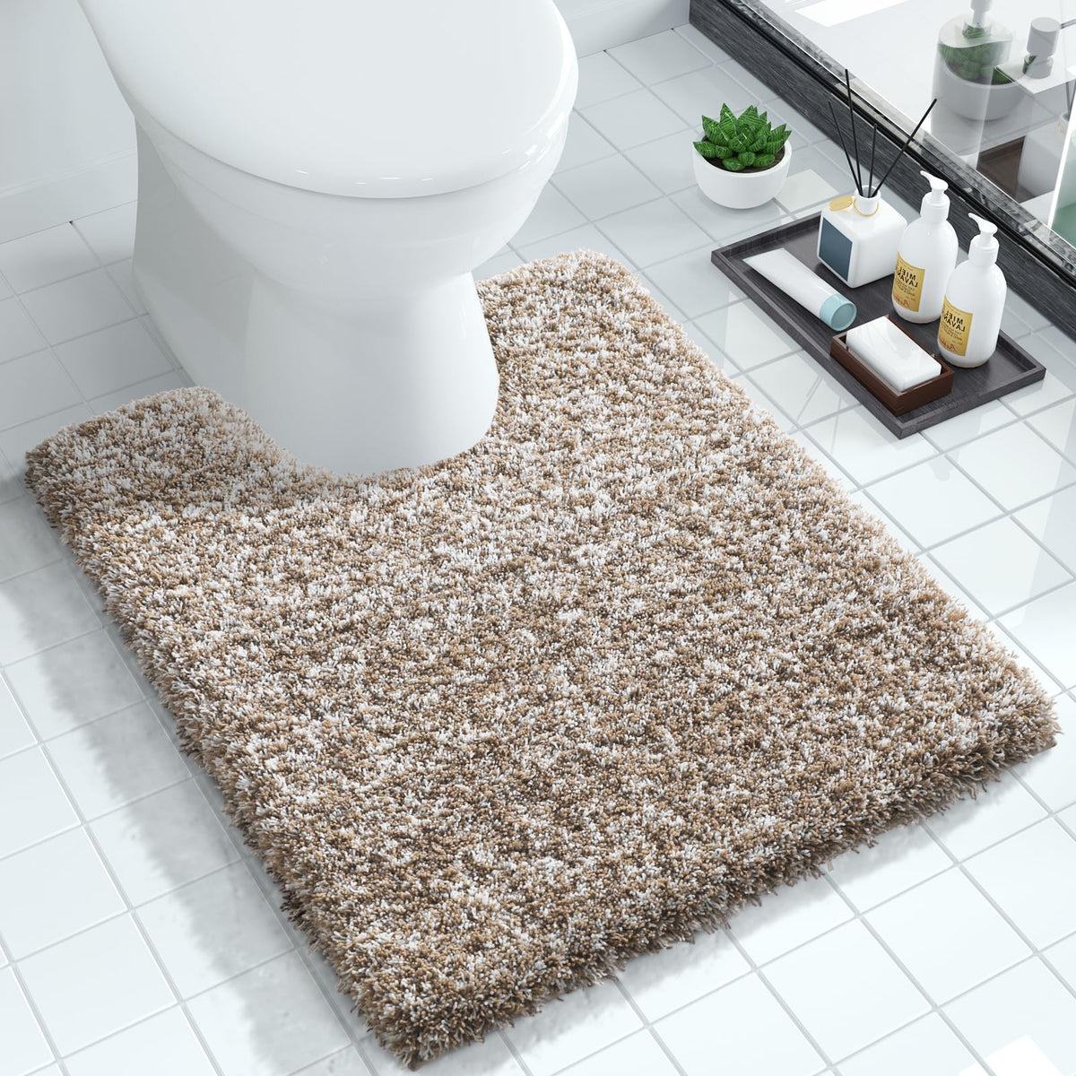 Yimobra Bathroom Rugs Non Slip Washable, Ultra Soft and Water Absorbent Bath Mats, Fluffy Shower Mat Outside, Plush Matts for Bathroom Floor/Sink, 24X17, Home Decor Accessories, Light Gray and White