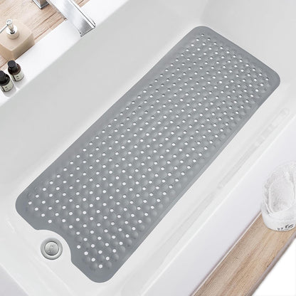 TEESHLY Bath Tub and Shower Mats, Non Slip 40 x 16 Inch Extra Large Bathtub Mat, Machine Washable Bathmat with Drain Holes, Suction Cups for Bathroom Floor, Gray