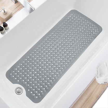 TEESHLY Bath Tub and Shower Mats, Non Slip 40 x 16 Inch Extra Large Bathtub Mat, Machine Washable Bathmat with Drain Holes, Suction Cups for Bathroom Floor, Gray