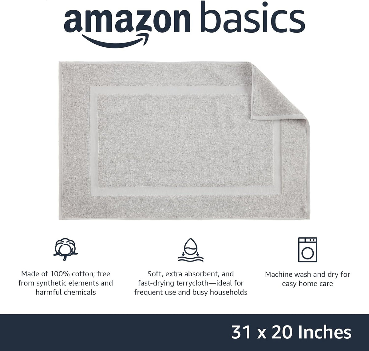 Amazon Basics Banded Bathroom Bath Rug Mat, 100% Cotton, 31 x 20 inches, Soft Silver