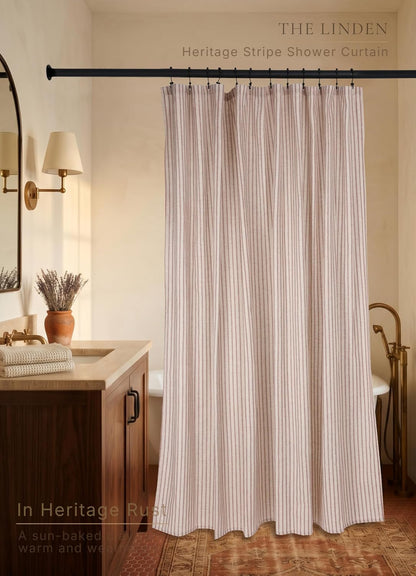 Farmhouse Striped Shower Curtain - 72x72 Inches, Linen Blend Fabric, Breathable & Machine Washable, Rustic Rust for Bathroom Decor (Hooks/Liner Not Included)
