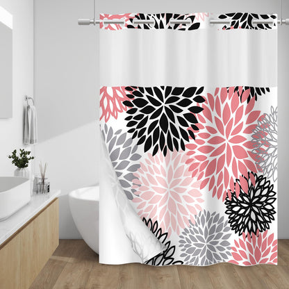 WITHLOC Hook Free Floral Shower Curtain with Liner, Blue Beige, 71x74