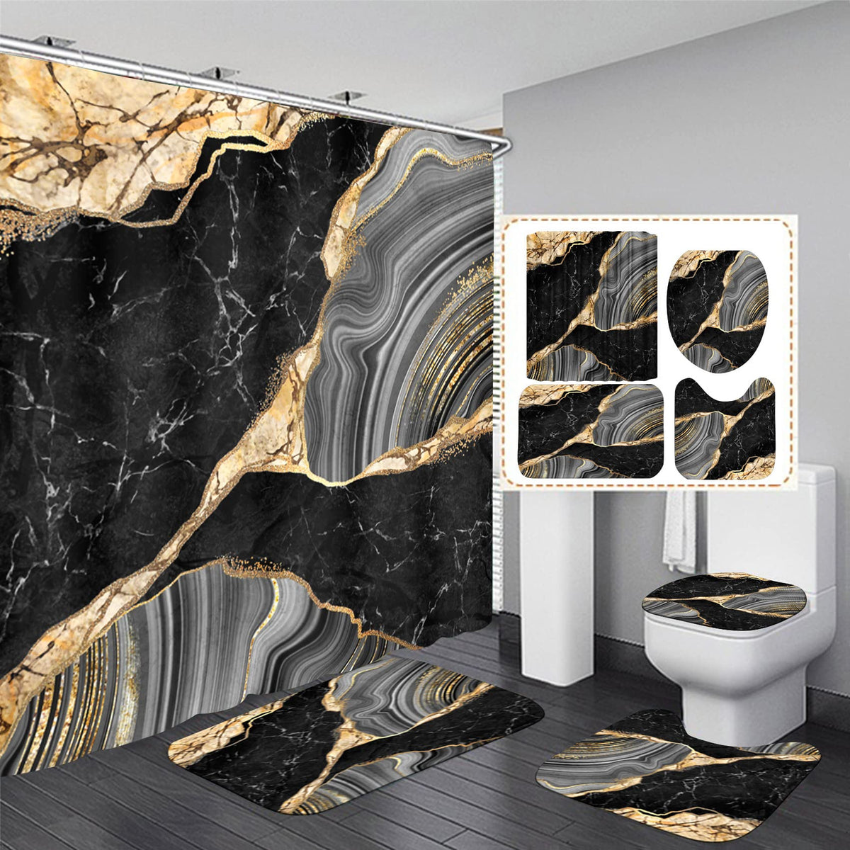 Nkzply 4 Pcs Black Marble Shower Curtain Sets with Rugs Gold Bathroom Set