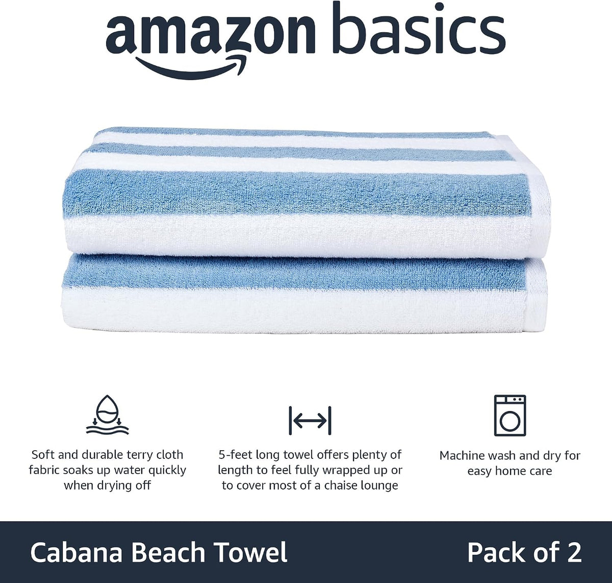 Amazon Basics Soft & Absorbent Beach Towels, 100% Cotton, Cabana Stripe, Machine Washable, Quick Dry, Large 30" x 60", Sky Blue, 2-Pack