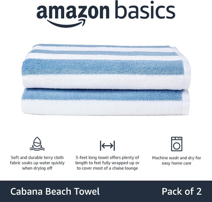 Amazon Basics Soft & Absorbent Beach Towels, 100% Cotton, Cabana Stripe, Machine Washable, Quick Dry, Large 30" x 60", Sky Blue, 2-Pack
