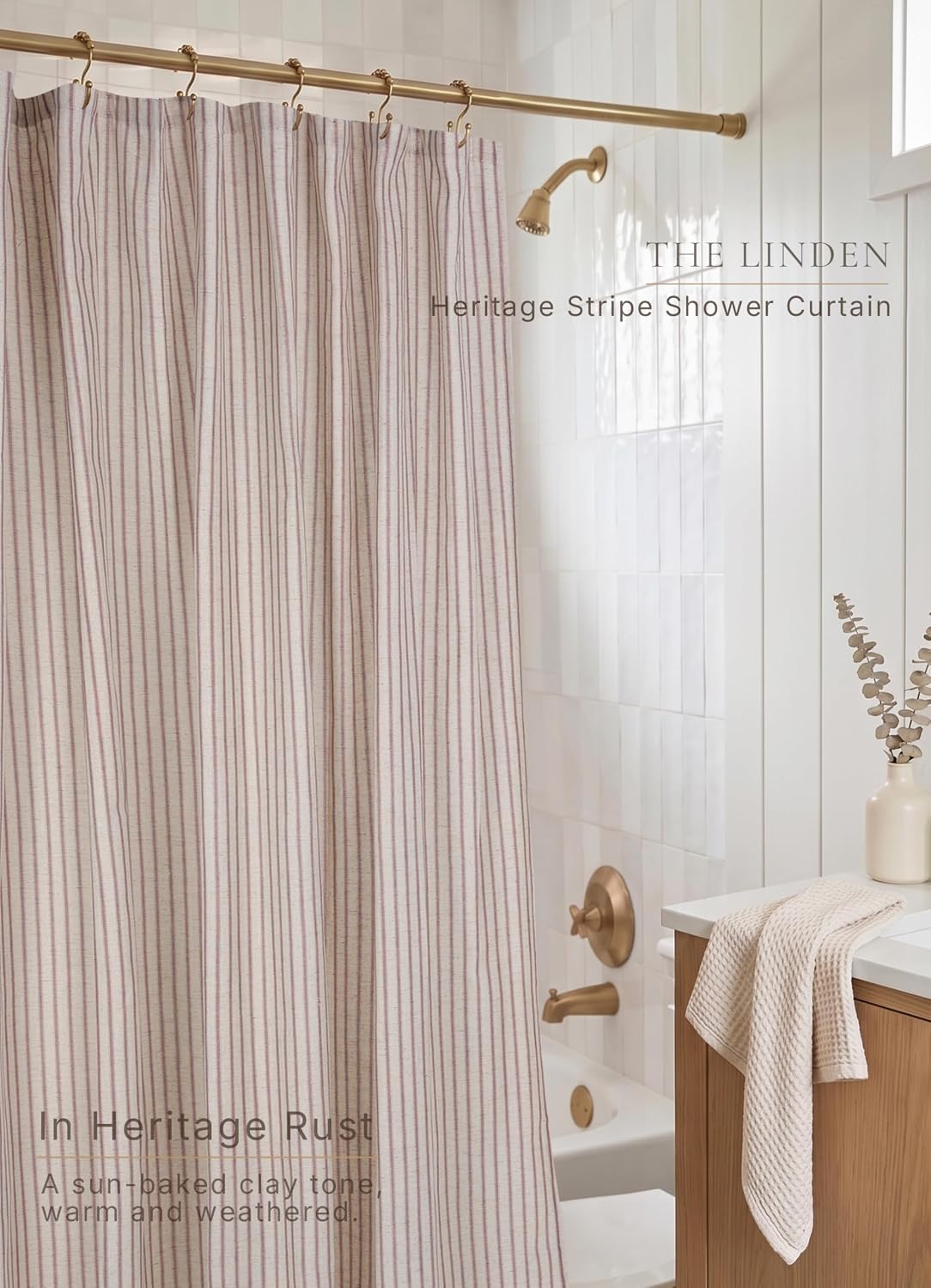 Farmhouse Striped Shower Curtain - 72x72 Inches, Linen Blend Fabric, Breathable & Machine Washable, Rustic Rust for Bathroom Decor (Hooks/Liner Not Included)