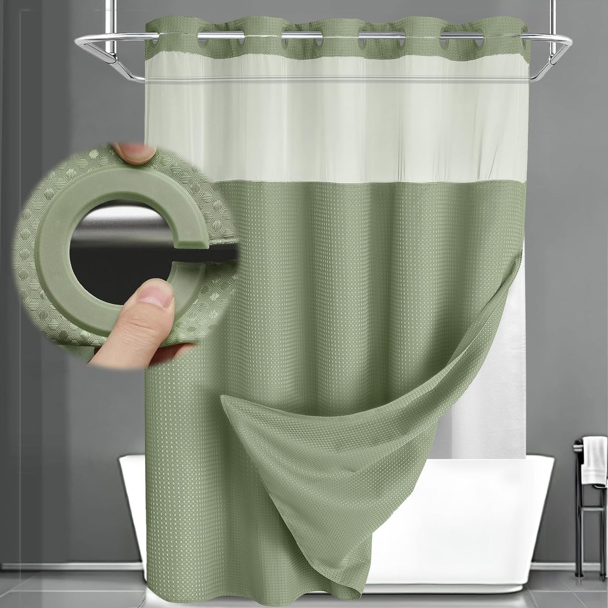 No Hook Shower Curtain with Liner Set Hotel Waffle Curtain Black 72W X 75L