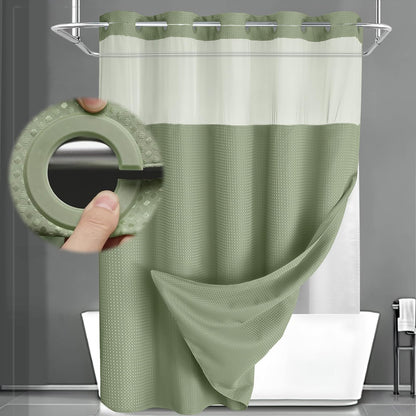 No Hook Shower Curtain with Liner Set Hotel Waffle Curtain Black 72W X 75L