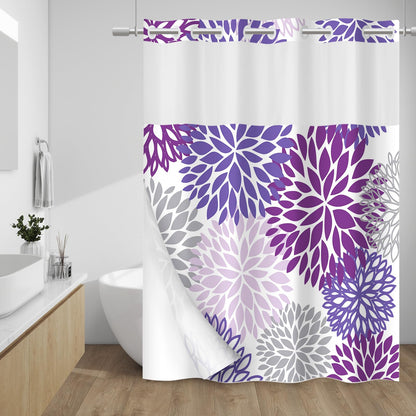 WITHLOC Hook Free Floral Shower Curtain with Liner, Blue Beige, 71x74