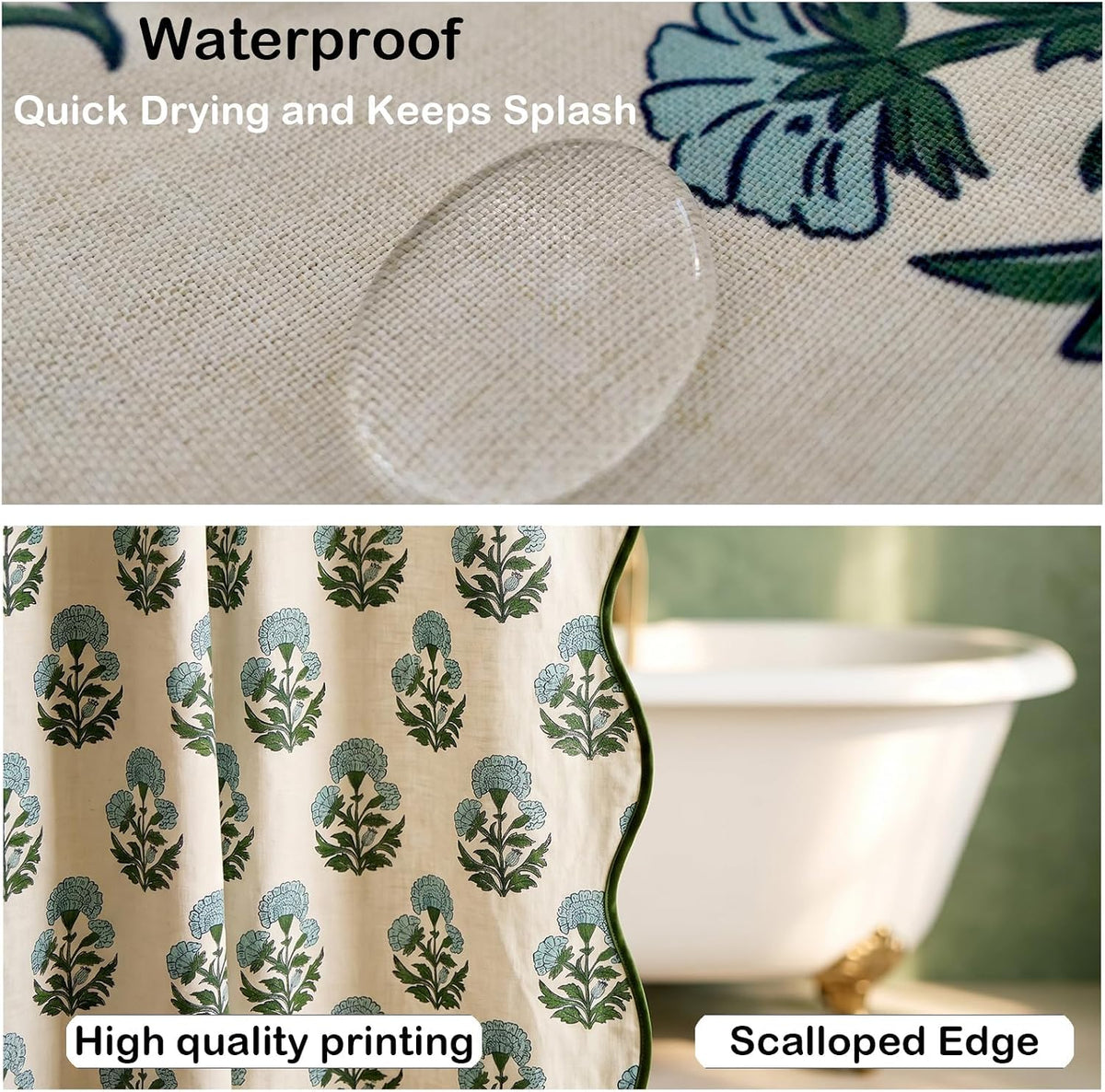 Boomkin Block Print Scalloped Shower Curtain Set with 12 Hooks