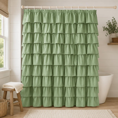 White Ruffle Shower Curtain for Bathroom,72 x 72 Inches, Farmhouse Style