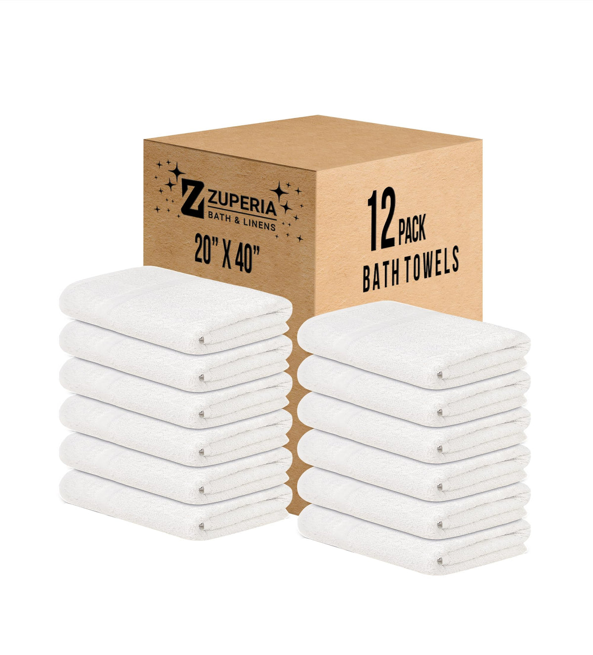ZUPERIA White Bath Towels Bulk 12 Pack (20 x 40 Inches) - 100% Cotton Economy Light Weight Towels for Commercial Use - Quick Dry, Ultra-Soft, and Absorbent Bulk Towels