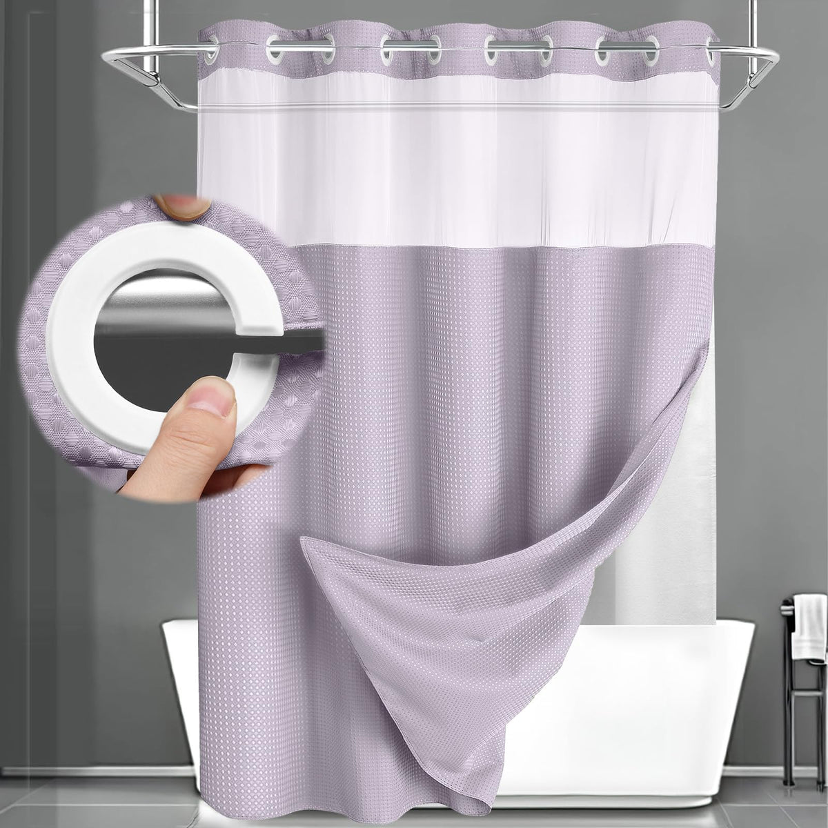 No Hook Shower Curtain with Liner Set Hotel Waffle Curtain Black 72W X 75L
