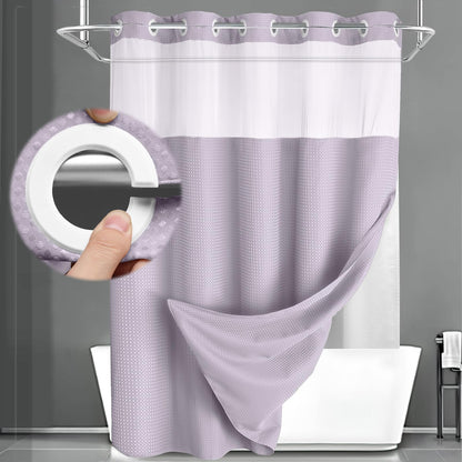 No Hook Shower Curtain with Liner Set Hotel Waffle Curtain Black 72W X 75L