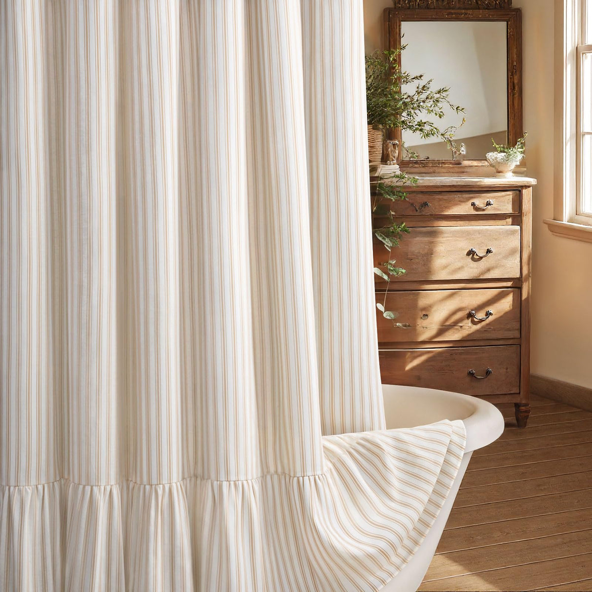 Farmhouse Shower Curtain Ruffle Linen Cream-Green Stripe 72"W x 72"L