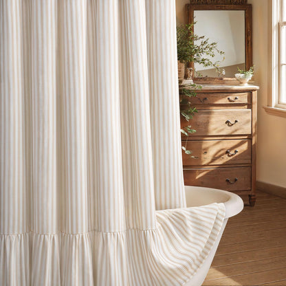 Farmhouse Shower Curtain Ruffle Linen Cream-Green Stripe 72"W x 72"L