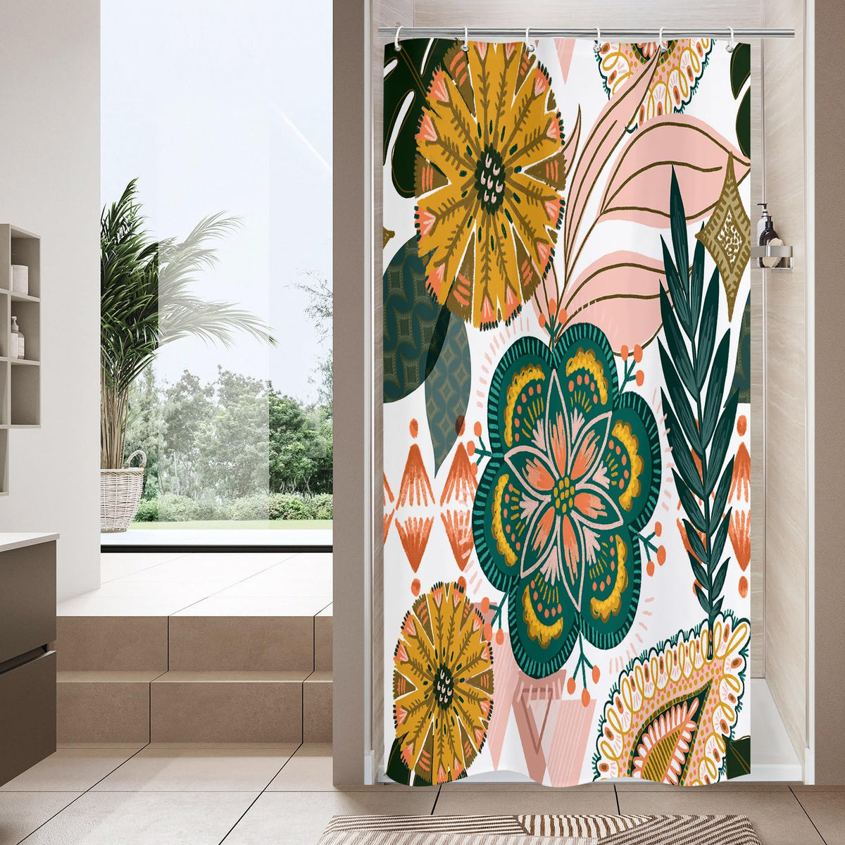 Boho Floral Shower Curtain, Vintage Botanical Fabric Curtain, 72 x 72