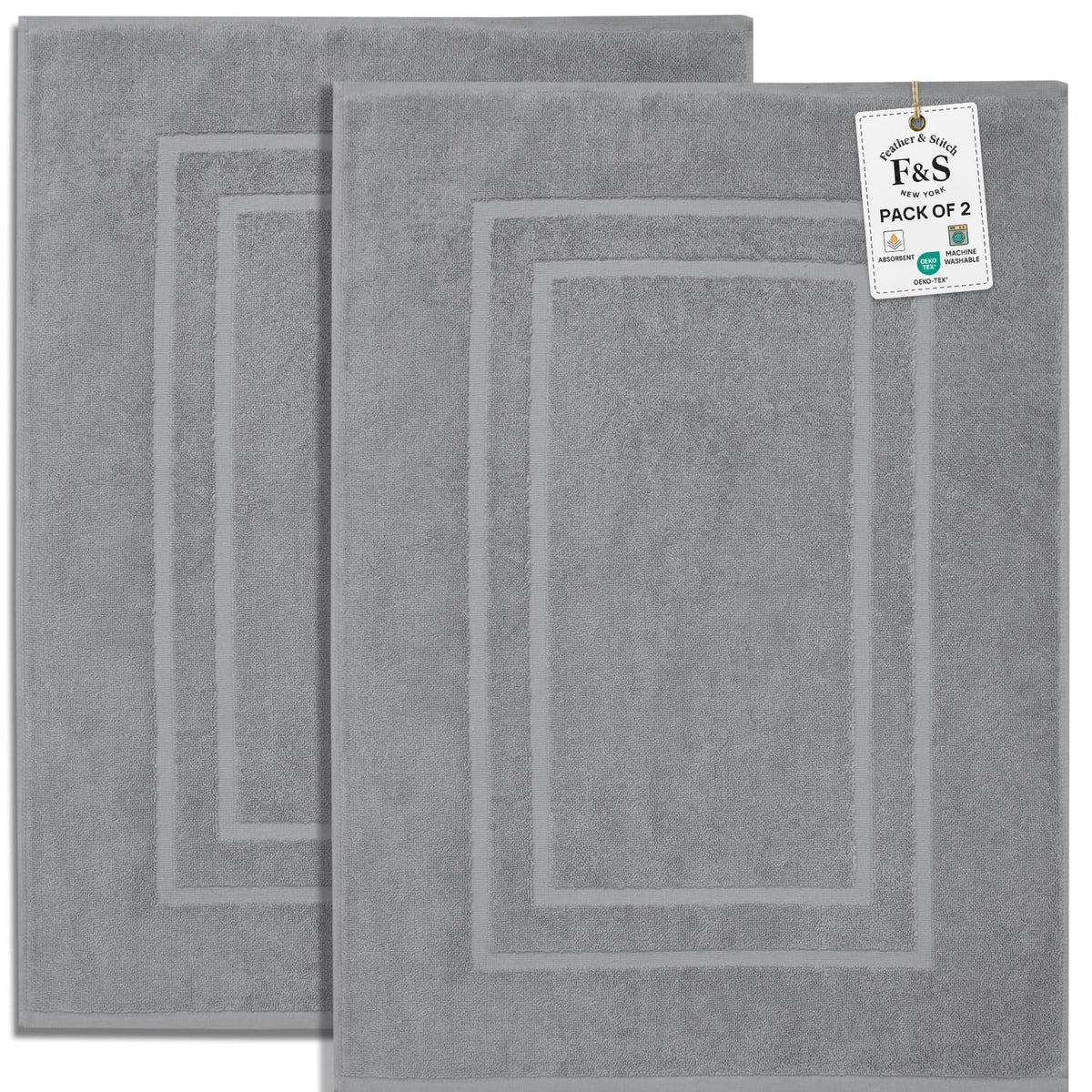 Feather & Stitch 100% Cotton Bath Mats 2 Piece 30x21 Inches, Grey