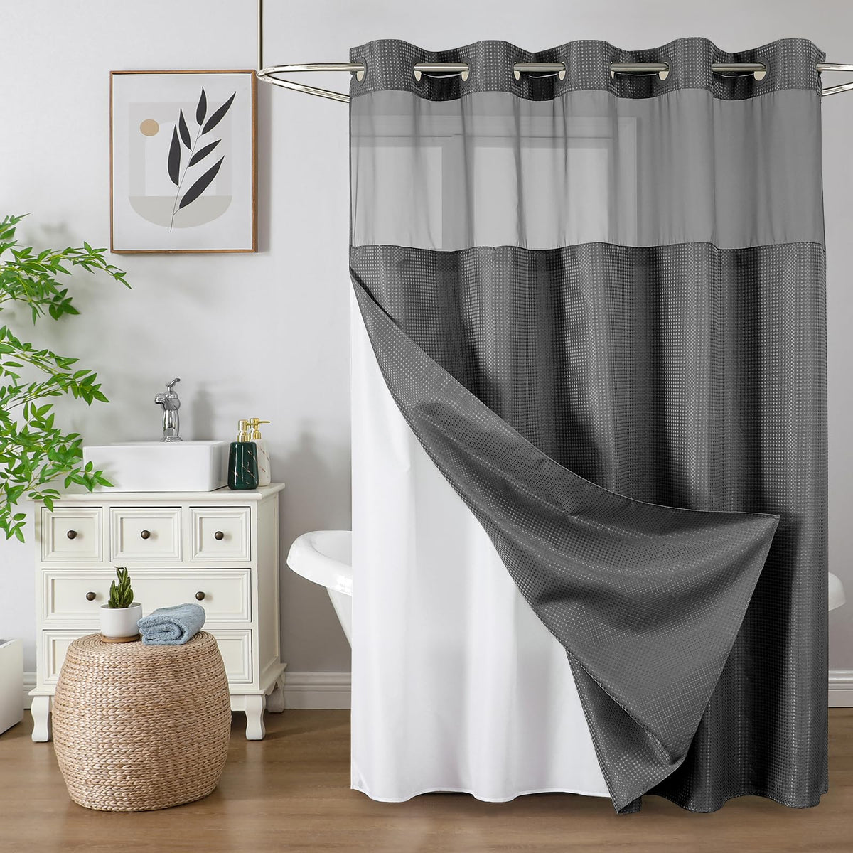 Colorful Star Sage Green No Hook Waffle Shower Curtain Set, 72 x 75 Inch