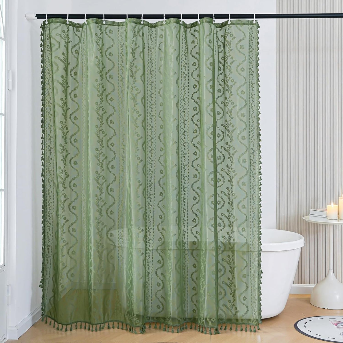 WAZZIO Dark Sage Green Lace Shower Curtain for Bathroom 72" W x 72" L, Victorian Farmhouse Floral Pattern Tassel Fancy Shower Curtain Boho Washable Cloth Decorative Bath Curtains,1 Panel