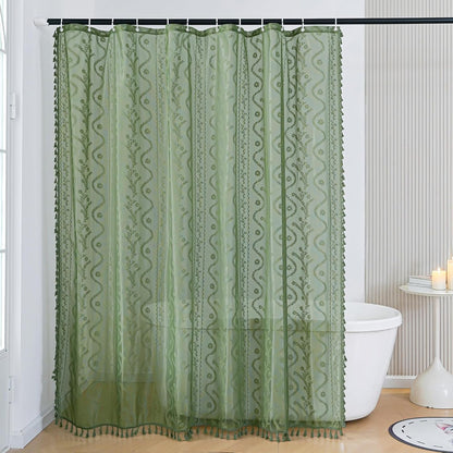 WAZZIO Dark Sage Green Lace Shower Curtain for Bathroom 72" W x 72" L, Victorian Farmhouse Floral Pattern Tassel Fancy Shower Curtain Boho Washable Cloth Decorative Bath Curtains,1 Panel