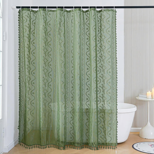 WAZZIO Dark Sage Green Lace Shower Curtain for Bathroom 72" W x 72" L, Victorian Farmhouse Floral Pattern Tassel Fancy Shower Curtain Boho Washable Cloth Decorative Bath Curtains,1 Panel