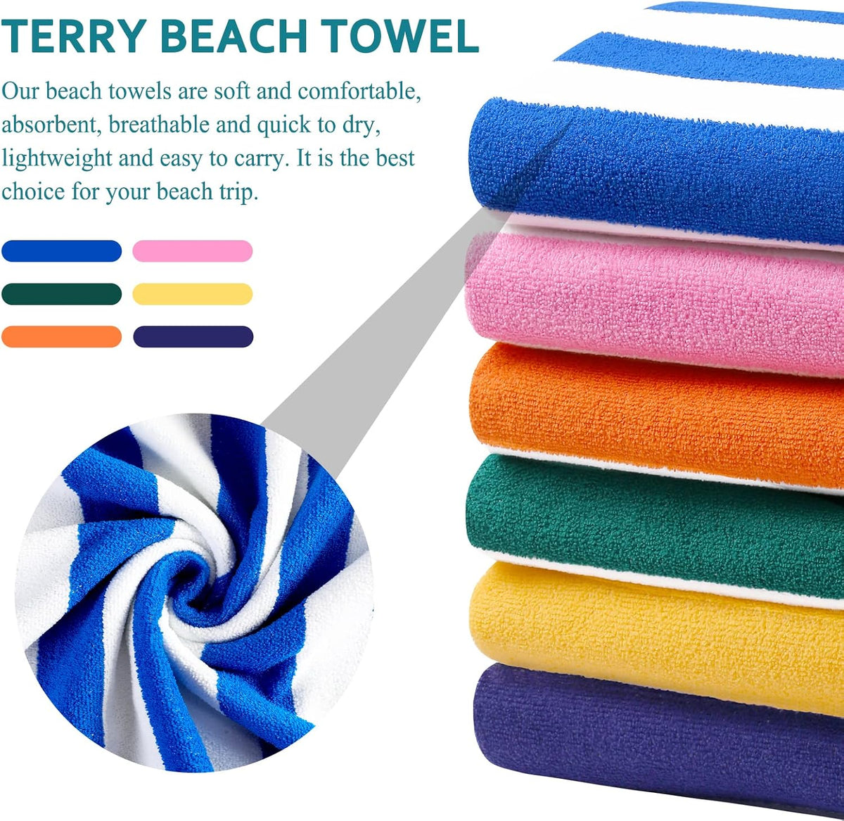 Genovega 6 Packs Oversized 72x40 Inch Stripe Beach Towel Thin Terry Set XL Big Extra Large Accessories Essentials Soft Clearance Super Pool Travel Bath Swim Camping Towels Bulk Men Women Adults Gift