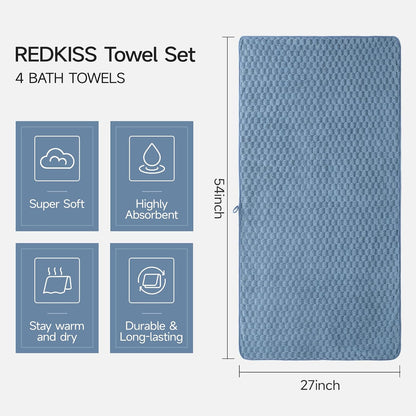 REDKISS Microfiber Bath Towels of 4-27x55 Inches Bath Towel Large, Highly Absorbent Towels for Bathroom, Quick Drying, Super Soft, Lint Free Fluffy Shower Towel for Gym, SPA, Gray, Blue