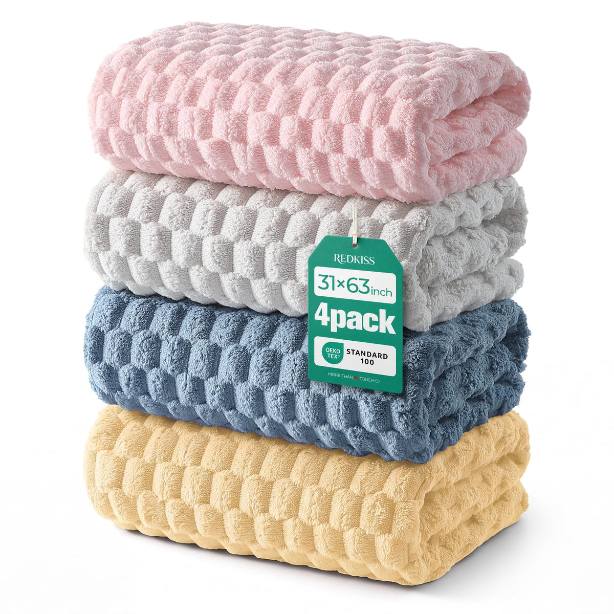 REDKISS Microfiber Bath Towels of 4-27x55 Inches Bath Towel Large, Highly Absorbent Towels for Bathroom, Quick Drying, Super Soft, Lint Free Fluffy Shower Towel for Gym, SPA, Gray, Blue