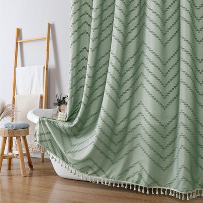 OWENIE Boho Shower Curtain, White Fabric Cloth Shower Curtains Farmhouse Tufted Chevron Striped Textured with Tassel for Bathroom, Soft Hotel Style Modern Minimalist, Machine Washable, 72x72, White
