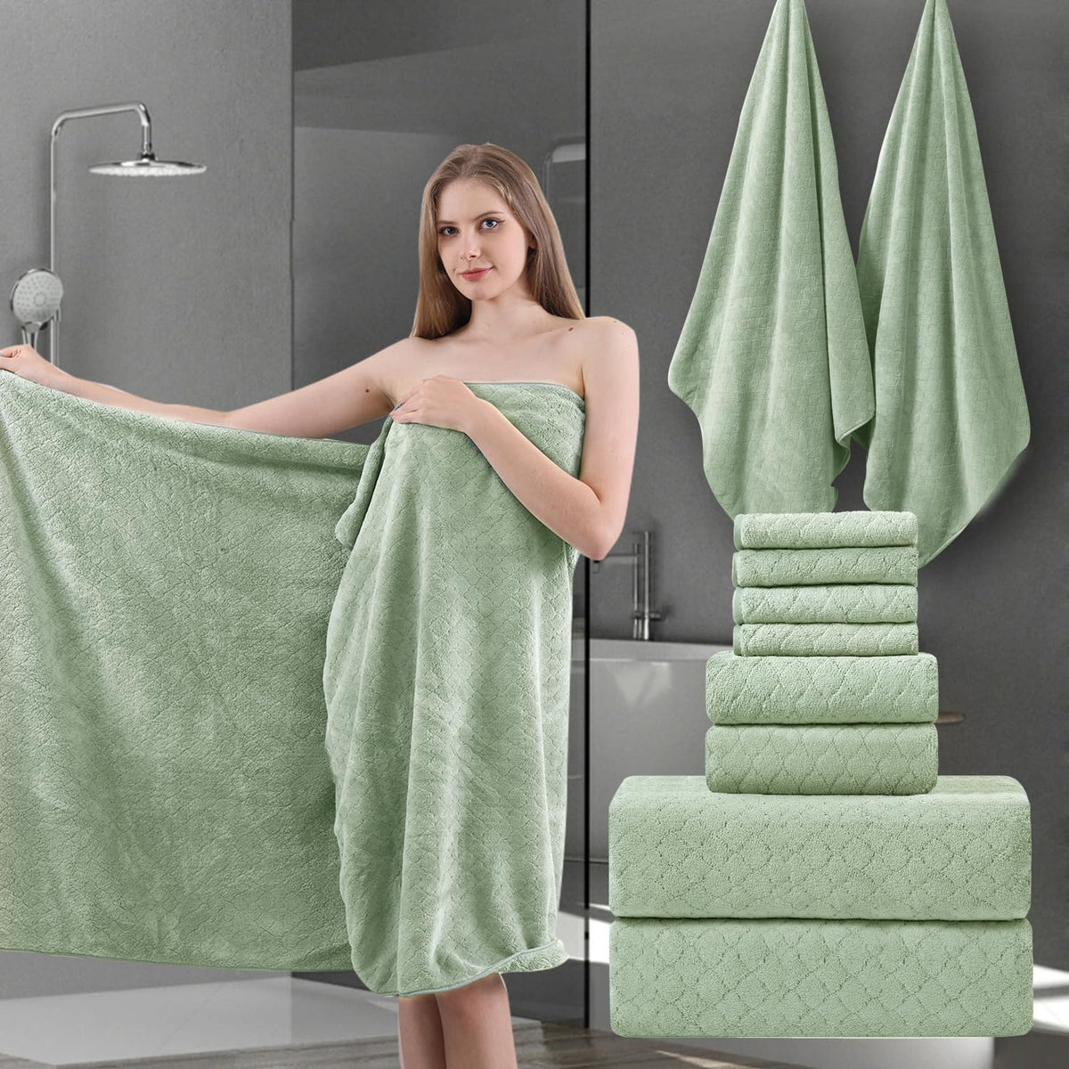 Ycosy 8-Piece Bath Towels Set,2 Oversized Bath Sheet,2 Hand Towels and 4 Washcloths - 600 GSM Soft Microfiber Highly Absorbent Quick Dry Shower Towel Collection for Bathroom Hotel and Spa,Mint Green