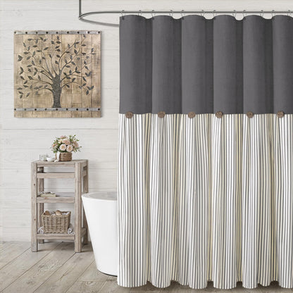 Farmhouse Shower Curtain Linen Beige Button Brown Stripe 72"W x 72"L
