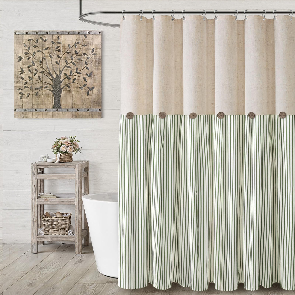 Farmhouse Shower Curtain Linen Beige Button Brown Stripe 72"W x 72"L