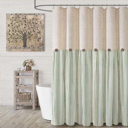 Farmhouse Shower Curtain Linen Beige Button Brown Stripe 72"W x 72"L