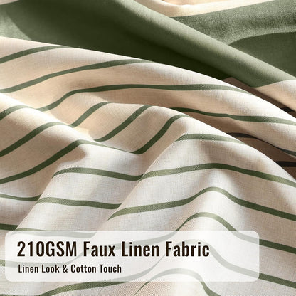 Boho Farmhouse Shower Curtain with 12 Clear Rings, Rustic Fabric Faux Linen Shower Curtain Set with Tassels, Beige & Sega Green Striped Shower Curtain for Bathroom 72" W x 84" L