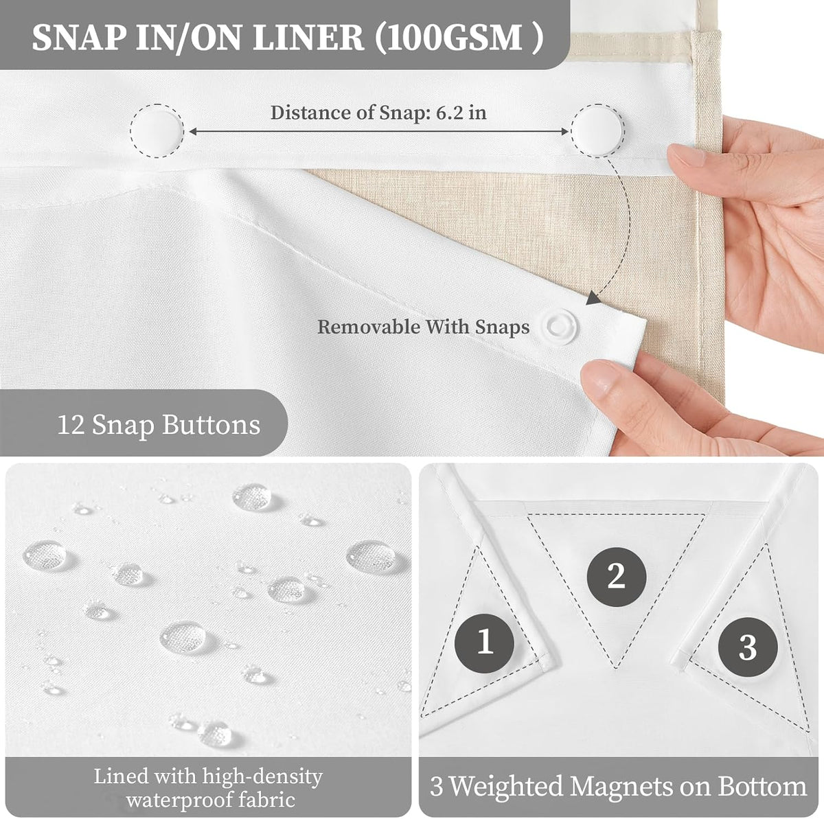 BTTN Cream Ringless Linen Textured Shower Curtain with Snap in Liner, 72x75