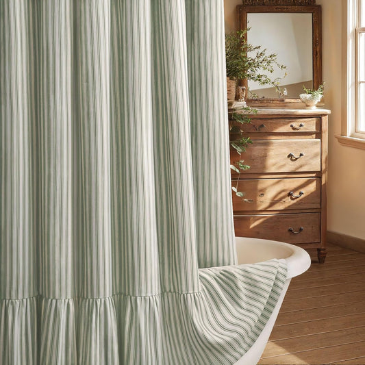 Farmhouse Shower Curtain Ruffle Linen Cream-Green Stripe 72"W x 72"L