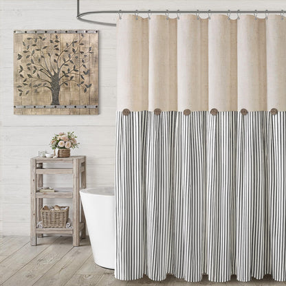 Farmhouse Shower Curtain Linen Beige Button Brown Stripe 72"W x 72"L